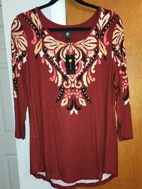 JM Collection Rust Red Scoop Neck Long Sleeve Top with Floral Motif
